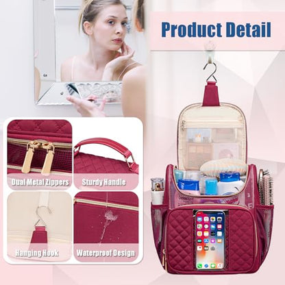 Otevan Large Toiletry Bag for Women Men,Quick Dry Hanging Toiletry Bag - color: WineRed