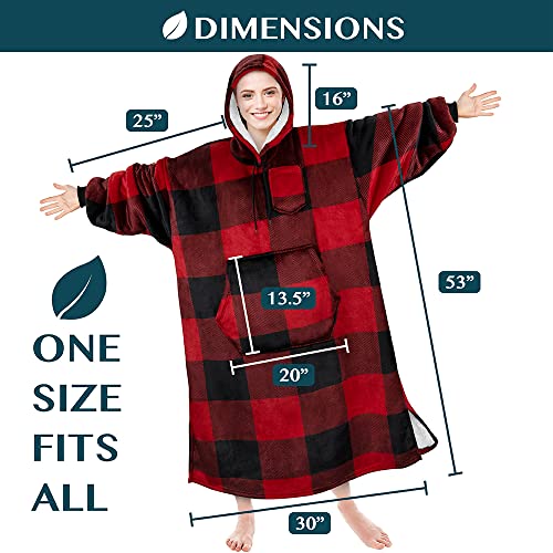 PAVILIA Blanket Hoodie for Women Red, Sherpa Wearable Blanket Men, Cozy Oversized Sweatshirt Blanket, Warm Fleece Hooded Blanket Sweater with Sleeves and Giant Pocket, Adult Long, Plaid Red - color: Plaid Red
