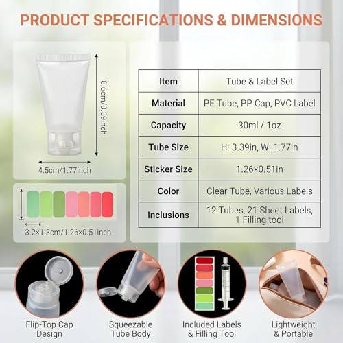 12 Pack 30ml/1oz Travel Bottles, Clear Flip Cap Squeeze Tubes, Refillable Empty Toiletry Containers with Label Stickers & Filling Tool for Shampoo, Body Wash, Facial Cleanser - size: 30ML/1oz