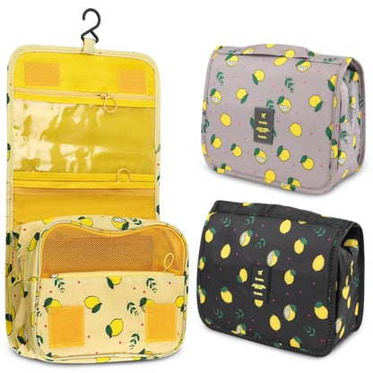 3Pcs Foldable Hanging Travel Toiletry Bag,Waterproof Portable Travel Bags, Multifunction Travel Makeup Cosmetic Bag Organizer with Hanging Hook (Lemon) - color: Lemon