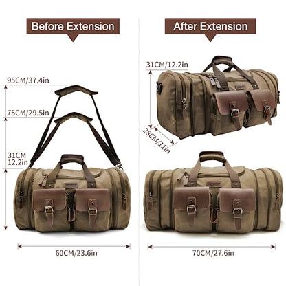 Wildroad Canvas Duffle Bag - 60L Expandable Weekender Overnight Travel Bag - color: Coffee, size: X Large-60L Duffle Bag