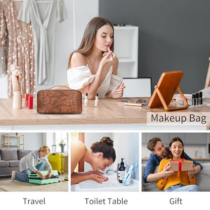 Travel Makeup Bag Cosmetic Bags for Women Large Capacity Water-resistant Portable Pouch Open Flat Toiletry Bag - color: A05-Khaki