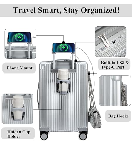 feilario Hardside Carry On Luggage, Zipper Closure, TSA Lock, USB Port - color: A-Silver (with zipper closure)