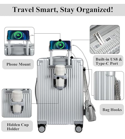 feilario Hardside Carry On Luggage, Zipper Closure, TSA Lock, USB Port - color: A-Silver (with zipper closure)