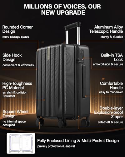 Hanke Upgraded Elite 29 Inch Extra Large Checked Luggage, PC Hard Shell Suitcases with Wheels, TSA Lock, Explosion-Proof Zipper Suitcase for Long Travel Men & Women,Jet Black - color: Jet Black, size: 29 Inch