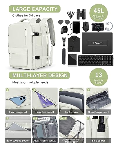 WONHOX Large Travel Laptop Backpack Expandable Flight Approved Backpack Carry on Backpack for Women Men Waterproof 17inch Laptop Daypack Hiking Work Backpack with Shoe Compartment Moon White - color: A11-off-white