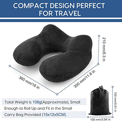 Inflatable Travel Pillow for Airplane Inflatable Neck Pillow for Traveling with Soft Velvet Washable Cover for Sleeping, Airplane,Train, Car, Office, Contoured Eye Masks, Earplugs - color: Black
