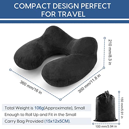 Inflatable Travel Pillow for Airplane Inflatable Neck Pillow for Traveling with Soft Velvet Washable Cover for Sleeping, Airplane,Train, Car, Office, Contoured Eye Masks, Earplugs - color: Black