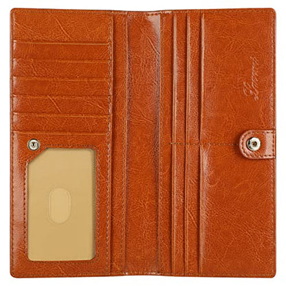 Lavemi Ultra Slim Thin Leather Women Wallet RFID Blocking Credit Card Holder Bifold Long Ladies Billfold - color: 1-waxed Tan