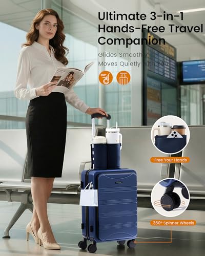 LOVEVOOK Carry On Luggage 20 Inch, Airline Approved Expandable Hard Shell Suitcase with Spinner Wheels, TSA Lock & Cup Holder, Fits Most Overhead Bins - color: Dark Green