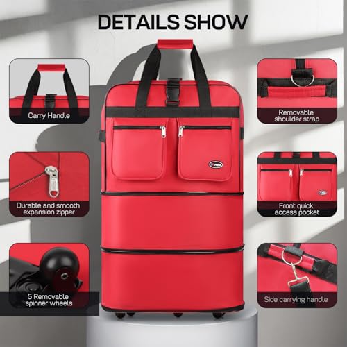 36'' Expandable Rolling Duffel Bag Suitcases w/Wheels,Foldable Luggage Bag - color: Red, size: 36''