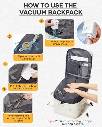 coofay Vacuum Backpack with Pump, Expandable Carry On Travel Backpack | 15.6" Laptop Compartment, Vacuum Compression System, Water-Resistant, Shoe Compartment & USB Charging Port, Beige - color: Beige, size: Extended-with Pump