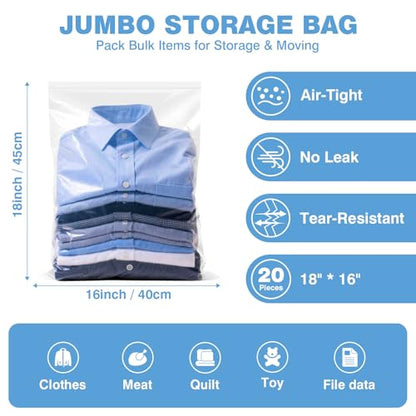 20 Count 16" x 18" Large 3 Gallon Plastic Zipper Storage Bags, 3 Gallon Clear Reclosable Storage Bags Great for Clothes, Shoes, Travel (4.72 Mil Thick) - size: 3 Gallon (20 Count)