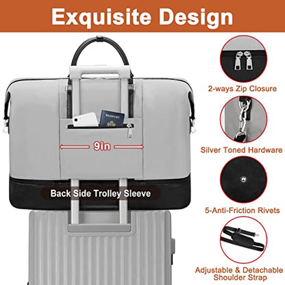 TIBES Travel Weekender Bag for Women, Overnight Bag with Shoe Compartment - color: B-Grey