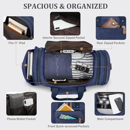 Gonex Canvas Duffle Bag, Expandable 50L Travel Overnight Weekender Bag - color: Blue, size: Large-50L (Without Shoe Compartment)