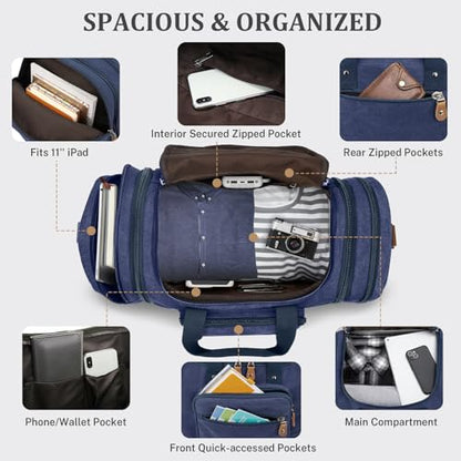 Gonex Canvas Duffle Bag, Expandable 50L Travel Overnight Weekender Bag - color: Blue, size: Large-50L (Without Shoe Compartment)