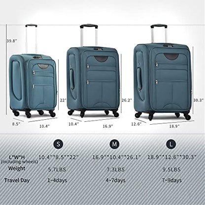 Merax Softside Luggage Set Softshell Lightweight 3 Piece Spinner Suitcase - color: Blue Green, style: Softside Luggage(22/26/30)