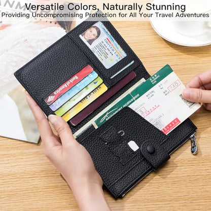 Genuine Leather RFID Blocking Passport Holder Wallet, Multi-Functional Travel Document Organizer with Zipper Pocket, Includes SIM Card Ejector Pin (Black) - color: Black