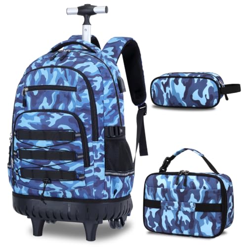 ACESAK 3PCS Camo Rolling Backpack for Boys with Lunch Box Pencil Case - color: Camo Blue