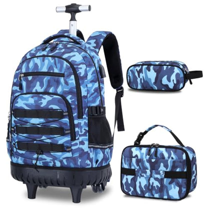 ACESAK 3PCS Camo Rolling Backpack for Boys with Lunch Box Pencil Case - color: Camo Blue