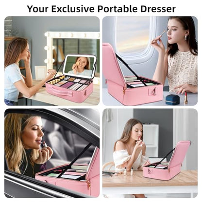 Upgraded Large Travel Makeup Bag with LED Mirror, 15” Makeup Case - color: Pink