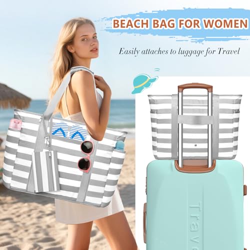 Extra Large Beach Bags for Women Waterproof Sandproof Beach Tote Bag - color: Grey White