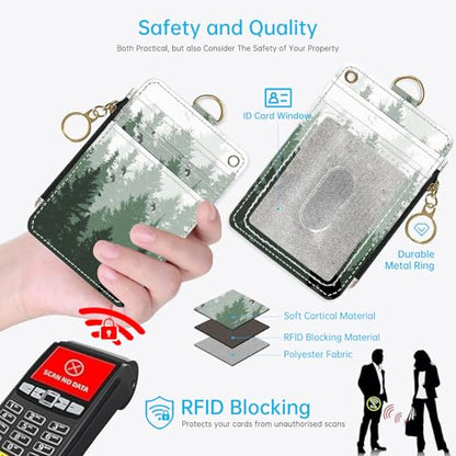 2-in-1 ID Badge Holder & Lanyard Wallet，Cute Zippered Pouch Forest - color: Forest