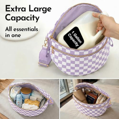 Checkered Crossbody Bum Bags for Women Large Nylon Belt Purse Fanny Packs Bag with Adjustable Shoulder Strap (Light Purple Checkered) - color: Light Purple Checkered