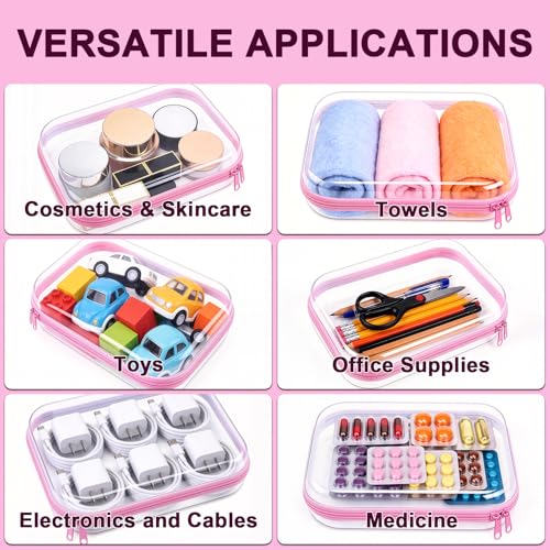 2 Pack Pink Clear Hard Shell Zipper Case, 8.86" x 6.38", Zipper Pouch | TSA Approved,Plastic Hard Shell,Waterproof,2 Medium - color: Pink