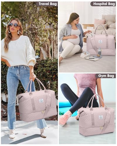 Travel Weekender Duffle Bag for Women: Overnight Bags with Shoe Compartment - color: Antiquewhite, size: Large