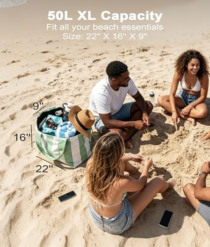 Oceanae Beach Bags Waterproof Sandproof, XL Large Pool Tote Bag with Zipper for Women - color: Mint Green + White