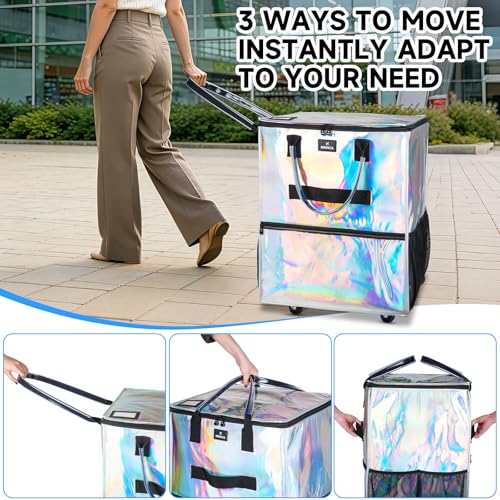 Large Reusable Grocery Bag On 5 Wheels, 130L Foldable Rolling Tote Bag - color: Gradient Silver, size: Large