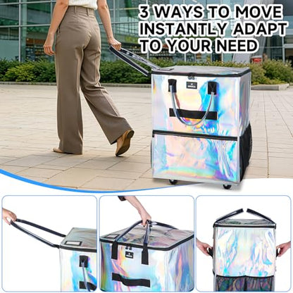 Large Reusable Grocery Bag On 5 Wheels, 130L Foldable Rolling Tote Bag - color: Gradient Silver, size: Large