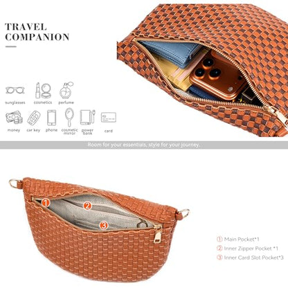 Woven Crossbody Bag for Women, Checkered PU Bum Bag Sling Purse with Adjustable Strap for Travel, Festivals - color: Brown and Coffee Checkered Woven