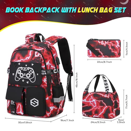 Scothen Boys Backpack, Cool Luminous Kids School Backpacks with Lunch Bag - color: Red Lightning