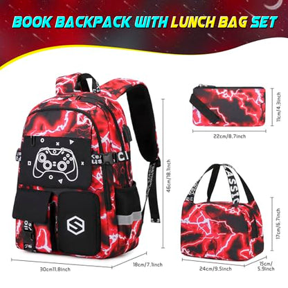 Scothen Boys Backpack, Cool Luminous Kids School Backpacks with Lunch Bag - color: Red Lightning