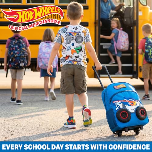 Get Trend Hot Wheels Monster Trucks 3D Rolling Luggage, 18” Travel Bag - color: Blue/Black Hot Wheels