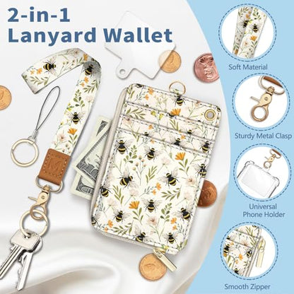 Bee Lanyard Wallet with Id Badge Holder Keychain for Card Women - color: Bee Flower