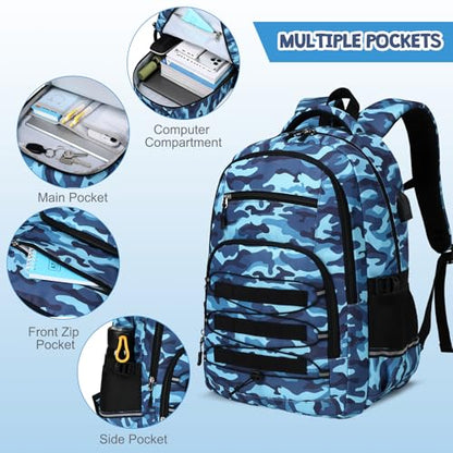 ACESAK 3PCS Camo Backpack for Boys with Lunch Box Pencil Case - color: Camo Blue