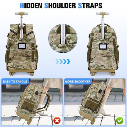 ACESAK 3PCS Camo Rolling Backpack for Boys with Lunch Box Pencil Case - color: Camo Khaki