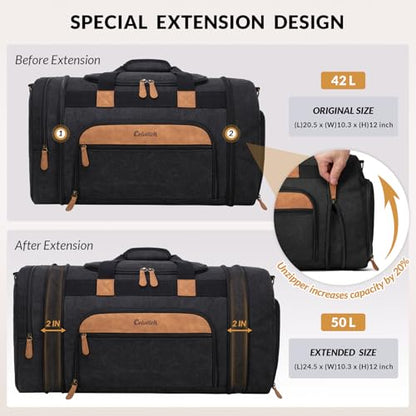 Canvas Duffle Bag 50L Expandable Travel Weekender Bags, Dark Grey - color: Dark Grey