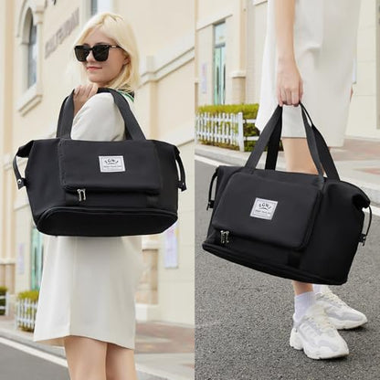 ZGWJ Travel Tote Bags, Expandable Overnight Weekender Bag for Women Foldable Carry-On - color: Black