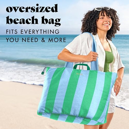 Fit & Fresh All The Things XL Beach Bag for Women, Oversized Travel Tote - color: Blue & Green Stripe