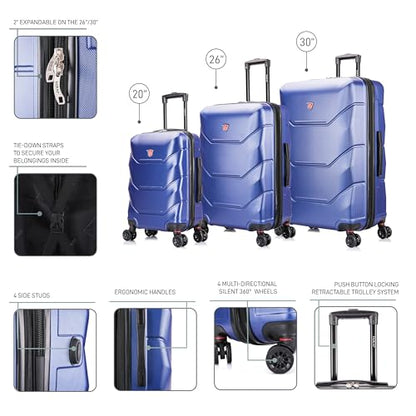 DUKAP ZONIX 3-Piece Durable Hardside Spinner Luggage Set 20/26/30in Blue - color: Blue, size: 3 Piece Set (20/26/30)