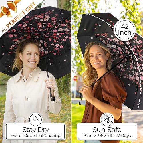 TUMELLA Strongest Windproof Travel Umbrella (Compact, 100MPH Wind-Tested), Light, Portable, One-Handed Use, Automatic Folding Rain Umbrella, Durable, Premium Grip, Fits Car & Backpack - color: 1-pack Cherry Blossom