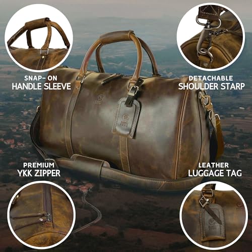Leather Duffle Bag for Men - Full Grain Travel Weekender, Brown 20 Inch - color: Brown