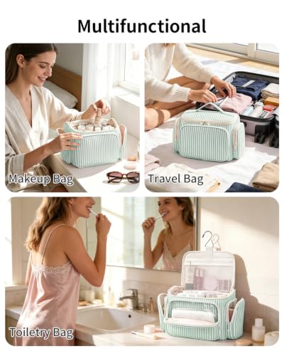 Narwey Hanging Travel Toiletry Bag for Women, Large Makeup Cosmetic Bag - color: B-Mint Green Stripe