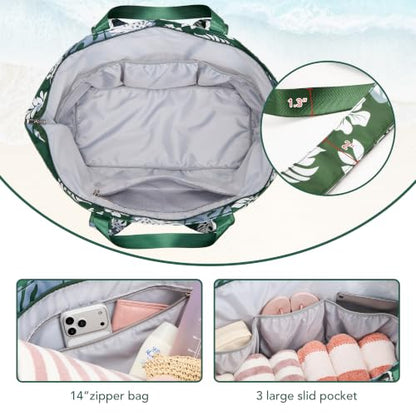 KALIDI 60L Extra Large Beach Tote Oversized Bag Zipper Utility Weekender - color: Green Leaf