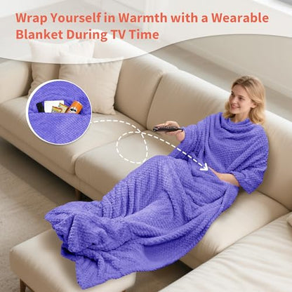 Tirrinia Travel Blanket Compact with Bag, Soft Lightweight Wearable Blanket with Foot Pockets, Airplane Travel Essential Gift - color: Purple