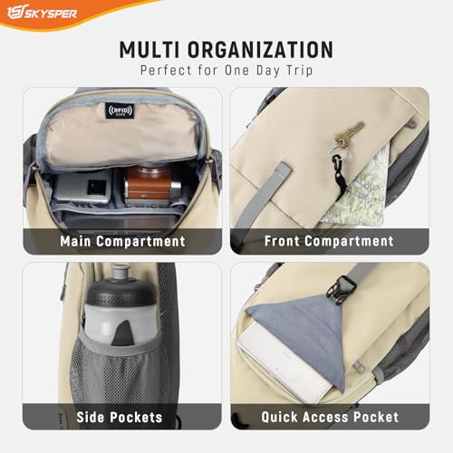 SKYSPER Sling Bag RFID Cross Body Bag Recycled Crossbody Backpack Travel Daypack - color: Beige